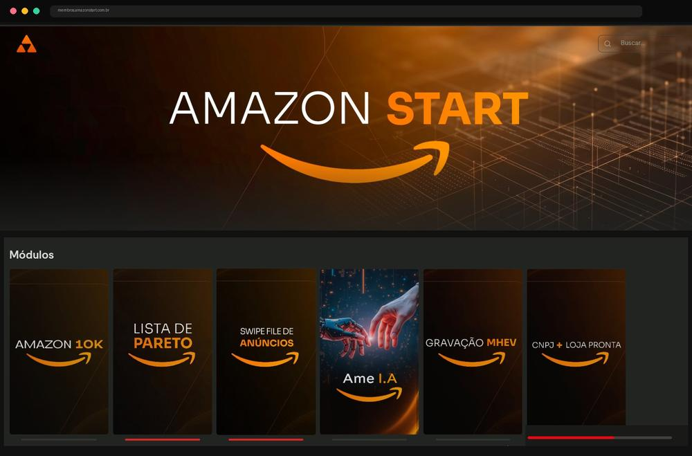 Área de membros Amazon Start com módulos: Amazon 10K, Lista de Pareto, Swipe File, Ame I.A, MHEV, CNPJ + Loja Pronta