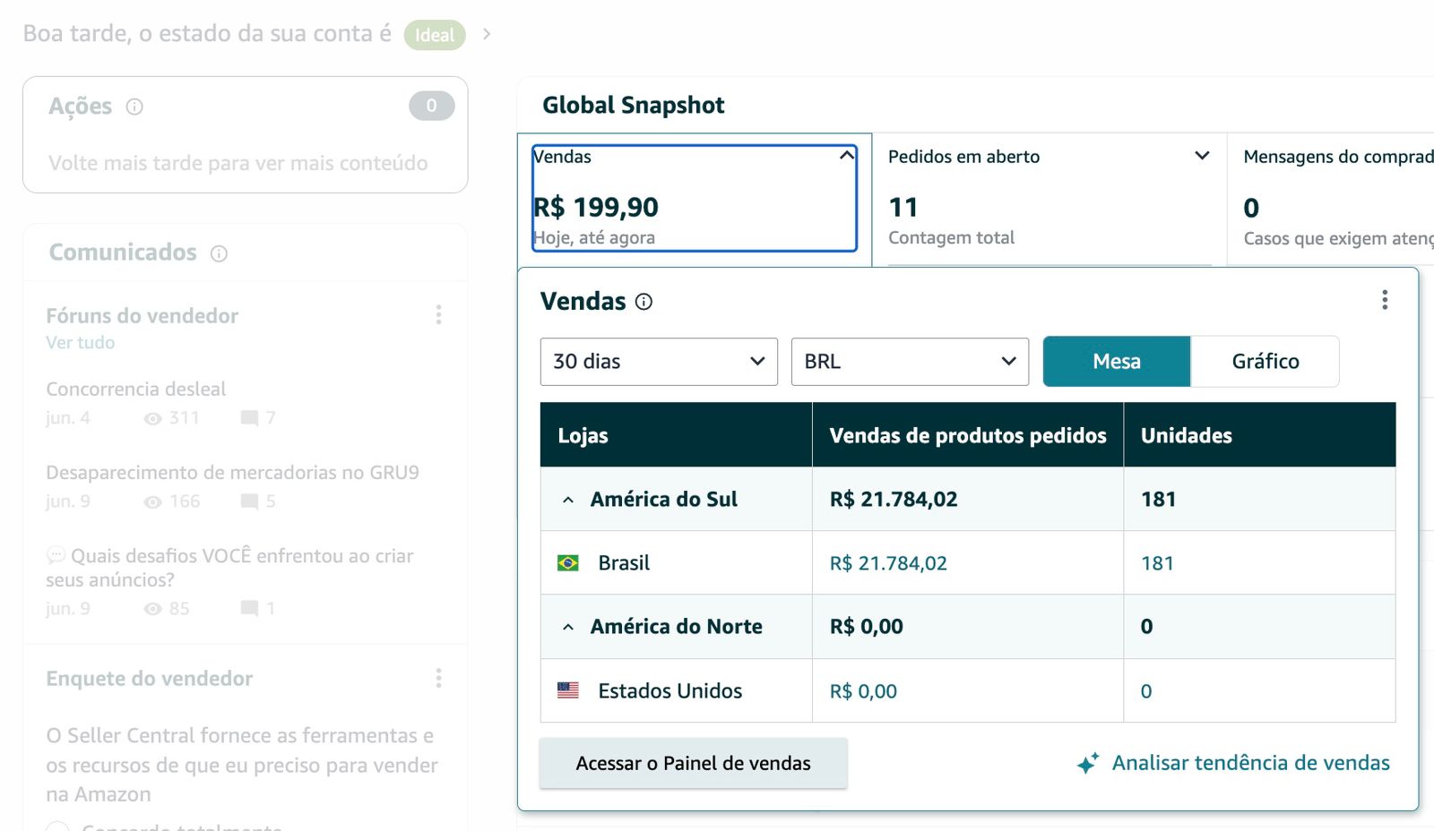 Print do Seller Central — R$ 21.784 em 30 dias — 181 unidades (América do Sul)
