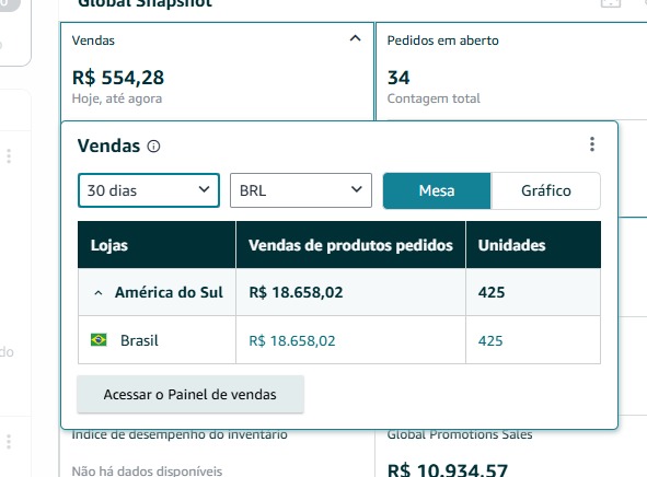Print do Seller Central — R$ 18.658 em 30 dias — 425 unidades vendidas
